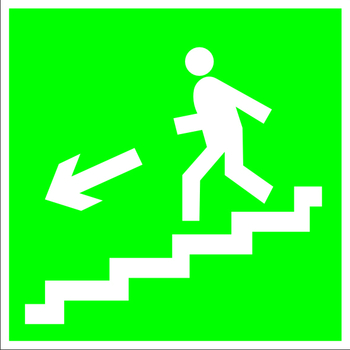 E14 направление к эвакуационному выходу по лестнице вниз (левосторонний) (пластик, 200х200 мм) - Знаки безопасности - Эвакуационные знаки - ohrana.inoy.org